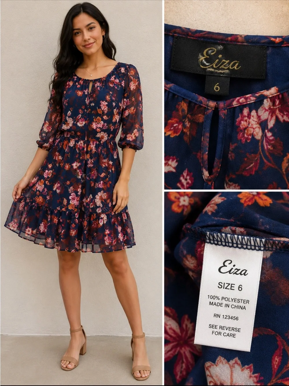 Navy Floral Tiered Mini Dress - Picture 1 of 5